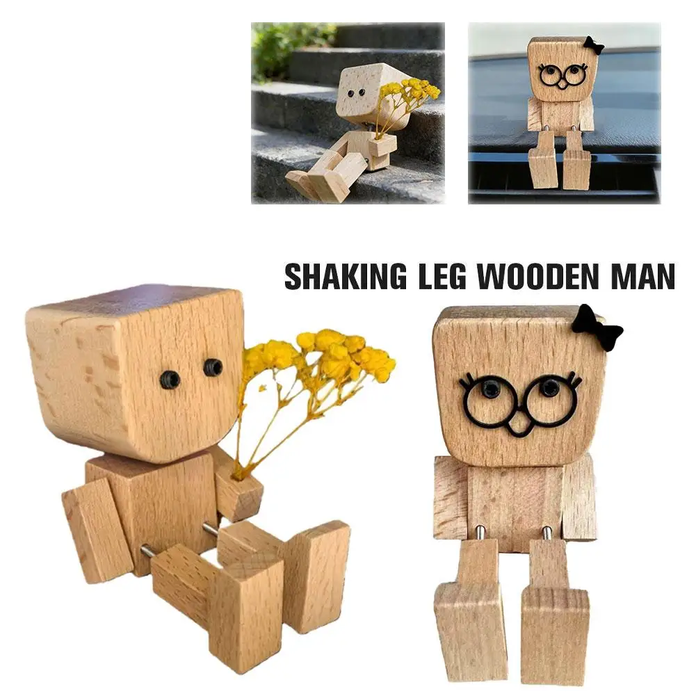 Cute Car Shaking Wooden Man Figurine Interior Wood Ornaments With 12 Magnetic Expressions Good Thing Healing Decorative Ornament