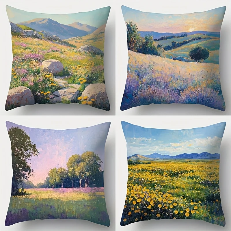 Ultra High Quality 4pcs Pillowcase Set Boho Nature Print Floral Meadow Landscape Cushion Covers Decorative Throw Pillow 40x40cm