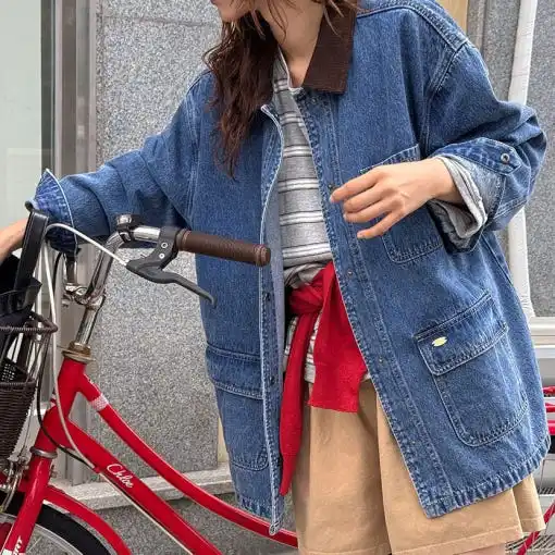 

Women's casual Jean Coats 2026 Spring Corduroy Collar Women Blue Denim Jacket Long Sleeve cropped Female Girls streetwear(JJ1768