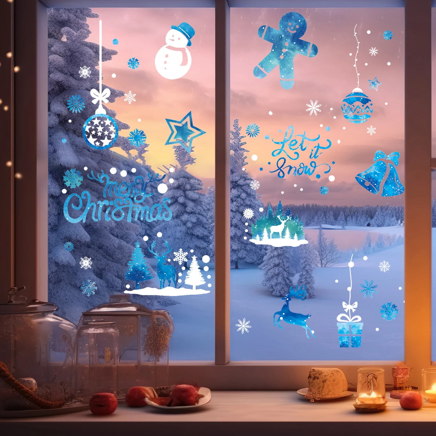 8PCS Christmas Snowflakes Electrostatic Window Clings Winter Wonderland Decal Stickers Santa Claus Window Decals Xmas Home Decor