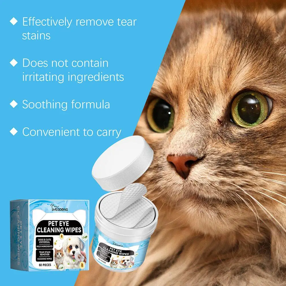 Pet Eye Wipes Tear Stain Remover Mild Non Irritating Ear Cleaning Pads Dog Cat Grooming Wet Paper Towel 60Pcs