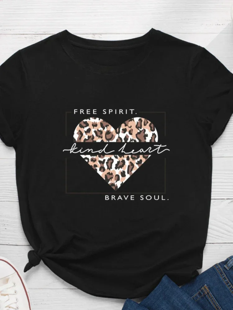 

2024 Leopard Heart Letter Print Women T Shirt Short Sleeve Ladies Tee Shirt Tops Clothes Camisetas Mujer O Neck Loose Women Tsh