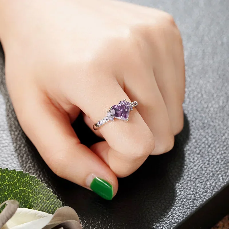 Charming Heart Purple Cubic Zirconia Rings for Women Romantic Wedding Ceremony Party Bridal Accessory New Trendy Jewelry