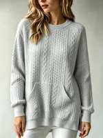 Women Cable Knit Sweater With Kangaroo Pocket Long Sleeve Crew Neck Loose Pullover Sweaters Casual Oversized Fall Winter Jumper For Ladies 4