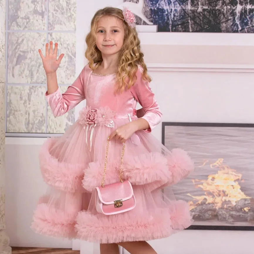 

Customized Pink Flower Girl Dresses For Wedding Velvet Fluffy 3D Floral Elegant Child Formal Events Birthday Party Banquet Gown