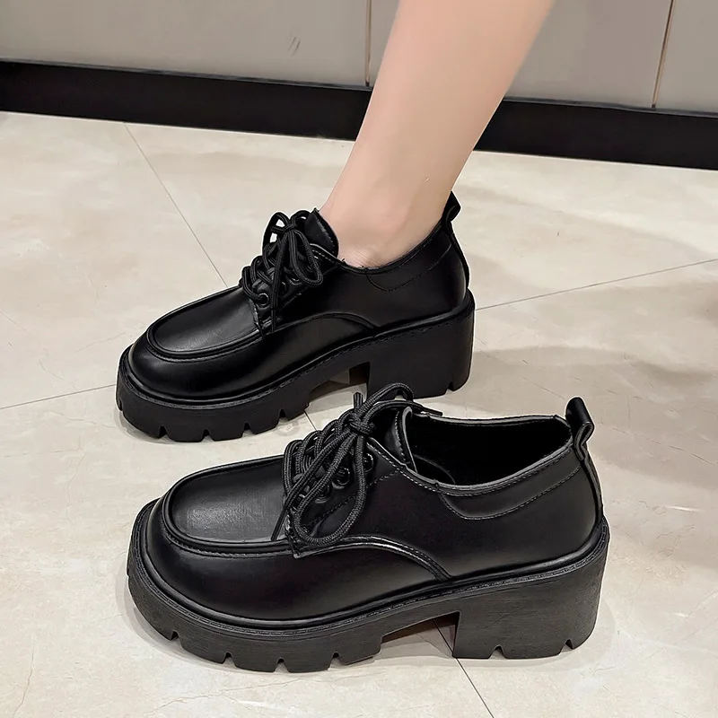 

Women's Shoes 2023 New Autumn Students with Thick Soled Black English Style Lace-up Leather Shoes Muffin Comfort Casual Loafers