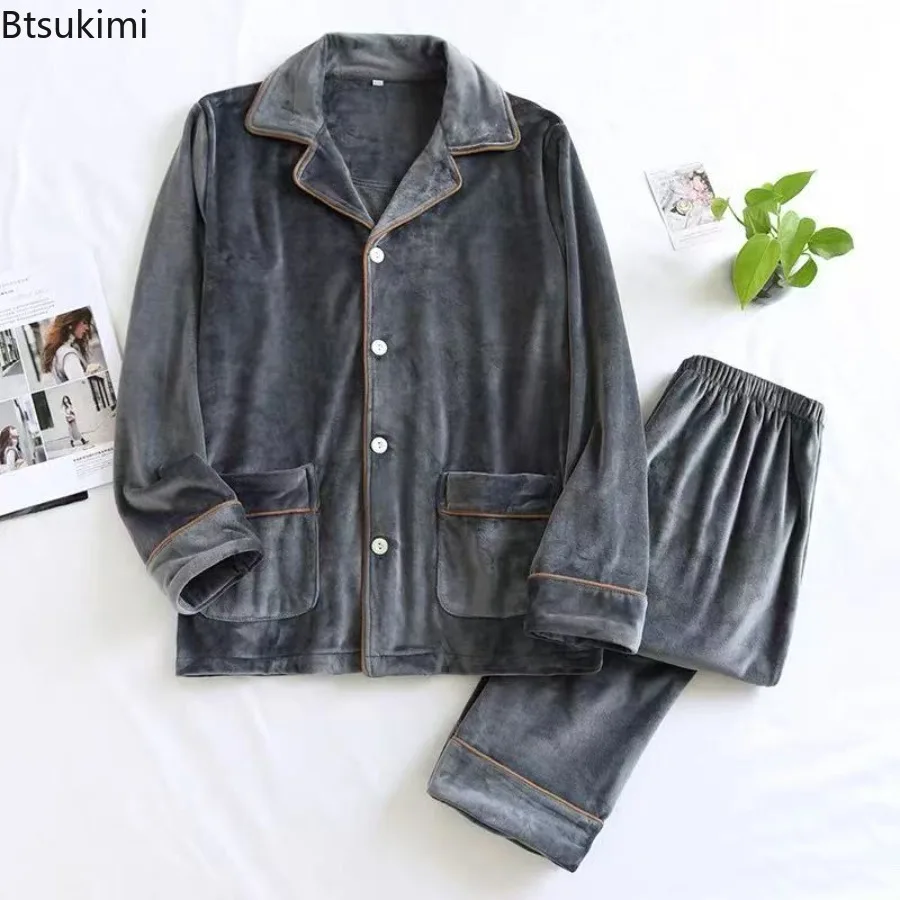 Men's Thicken Flannel Pajamas Set Autumn and Winter Sleepwear Male Home Clothes Pyjama Warm Velvet Pijama Nightwear Loungewear