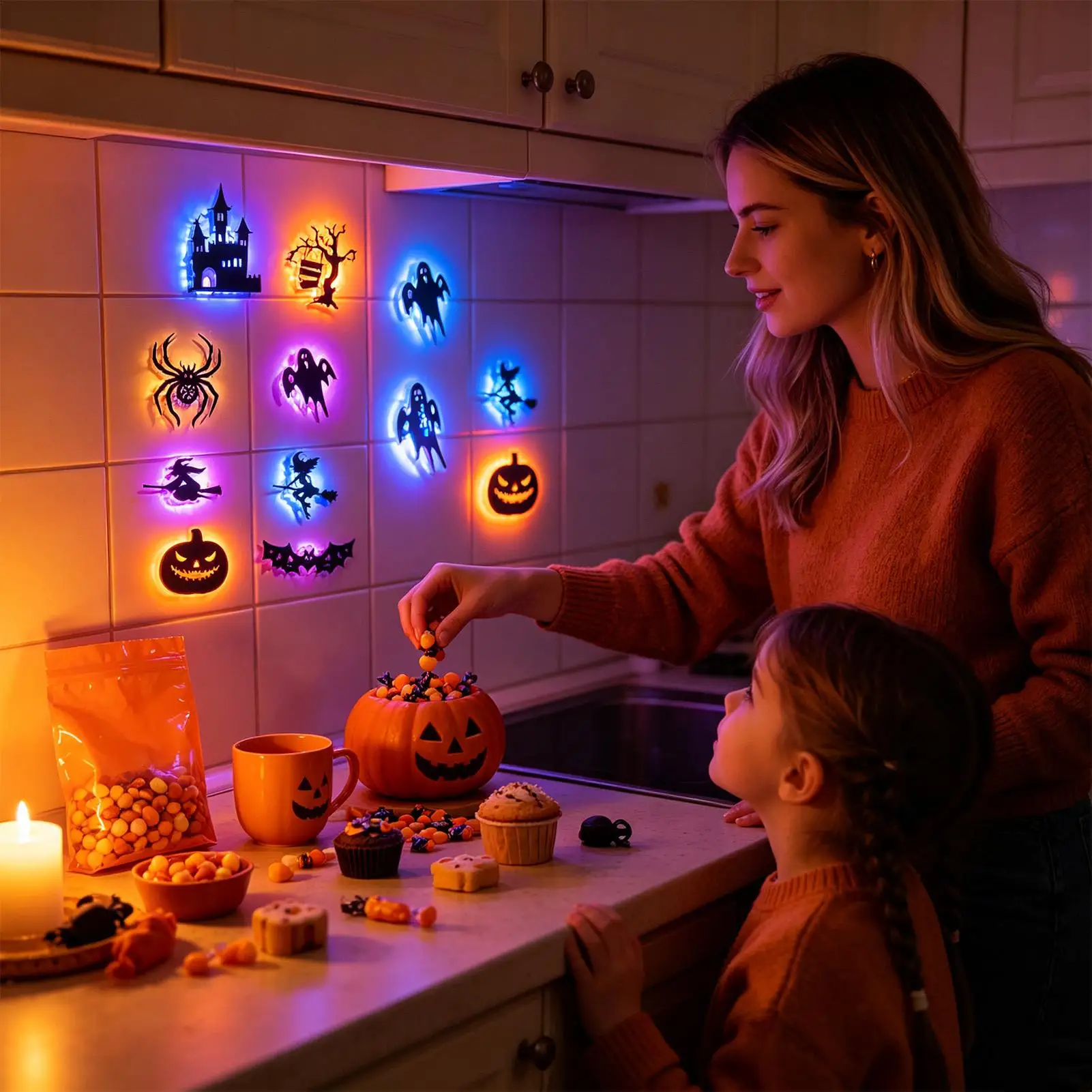 3D Glowing Halloween Wall Stickers LED Silhouette Light Sticker Decoration Set creating a crazy Halloween eerie lighting effect