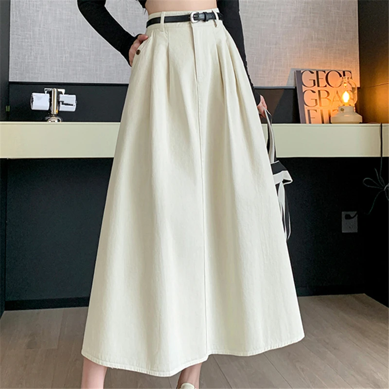 

Seoulish Denim Skirts for Women 2024 Spring Summer New High Waist A-line Large Hem Office Lady Umbrella Skirt Pleated Long Skirt