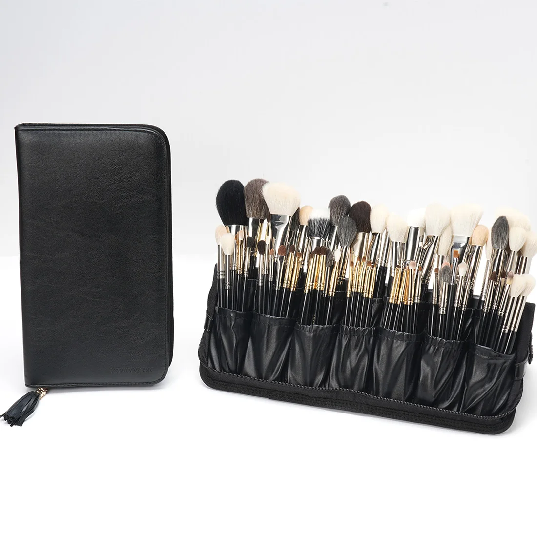 Rownyeon Professional Makeup Brushes Organizer Bag Makeup Artist Cosmetic Case Leather Makeup Handbag Black Travel Portable