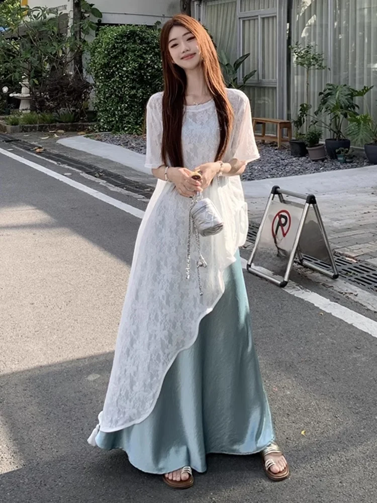 

Summer Lace Cover up Acetate Satin off oulder Dr Two Piece Set plus Size Women Irregular Hemline Simple Sle ort Sve