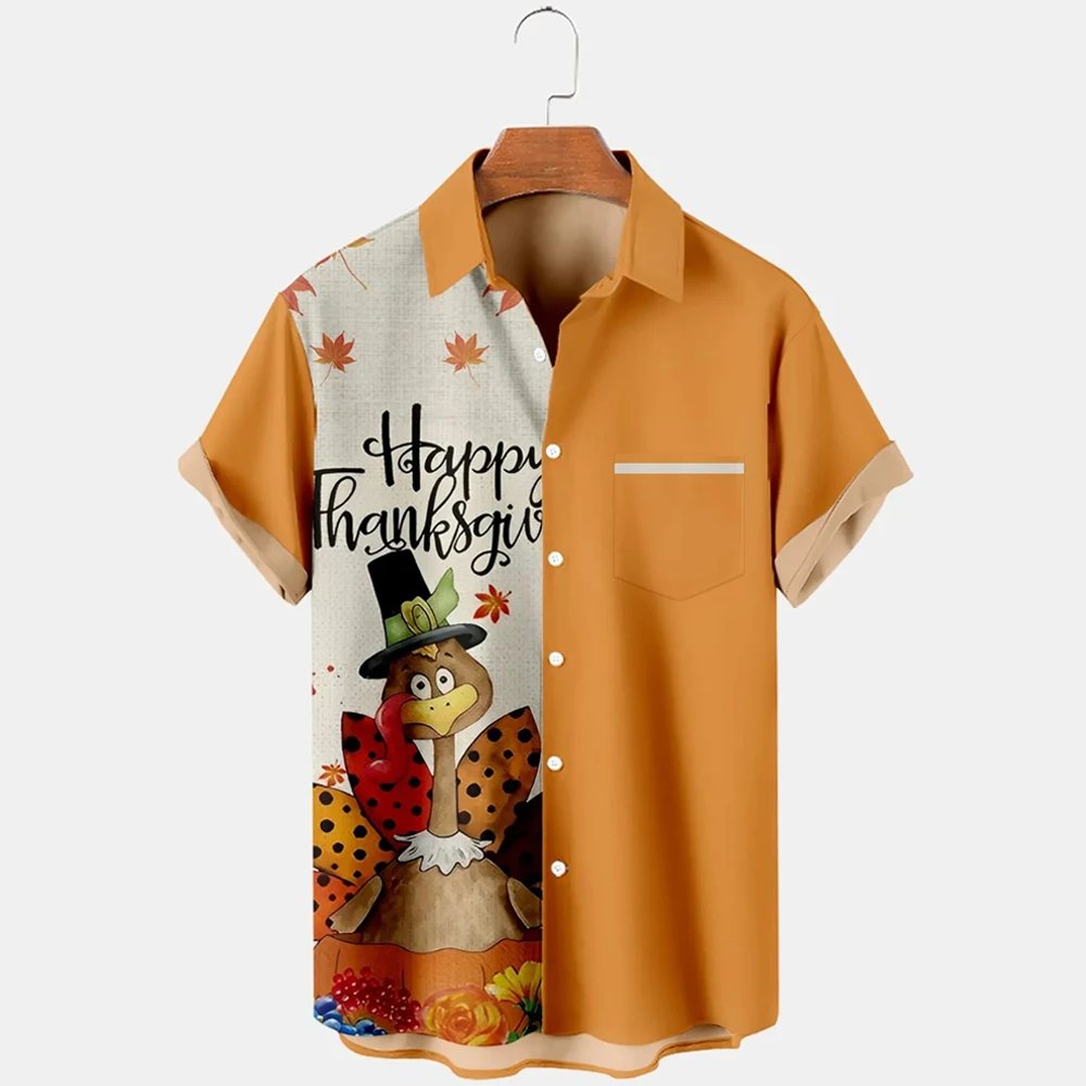 Thanksgiving turkey checkered printed 3D printed short sleeved shirt for men's fashion casual lapel single breasted shirt