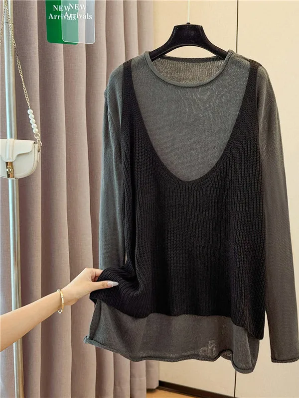 

Sli Spliced Knitted Vest Slimming Fake Two-Piece Knitwear Women Loose Sweater Casual Loose Fit Long Sve round Ne Kni...