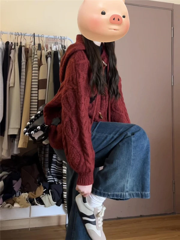 Laid-ba Sle Neujahr, rot, geknöpfter Kapuzenpullover, Strickpullover, Mantel, Damen, Herbst und Winter, 2022, neue gestrickte offene Strickjacke