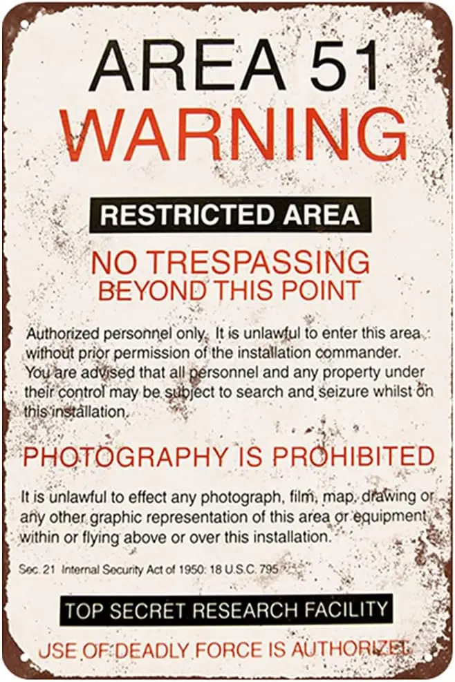 Original Retro Design Area 51 Waring Tin Metal Signs Wall Art | Thick Tinplate Print Poster Wall Decoration for Garage