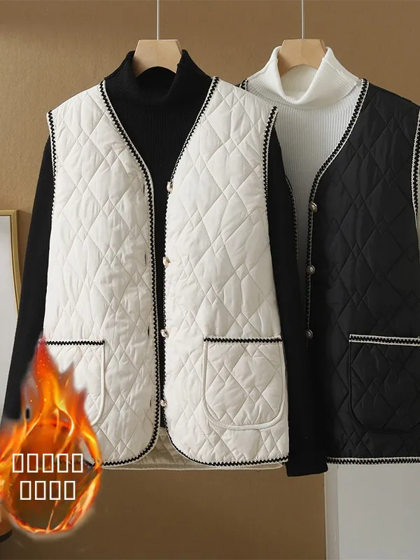 

Loose Fit Artistic Sle Layering Women's Jaet Inner Wear Outerwear Diamond Pattern Cotton Vest Large Size Faion