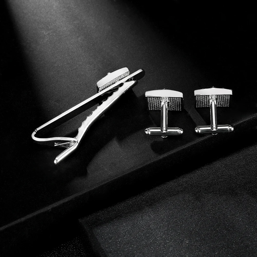 Luxury Blue White Crystal Paved Oblong Shaped Cufflinks&Tie Clip Set Modern Mens Formal Party Jewelry Accessories