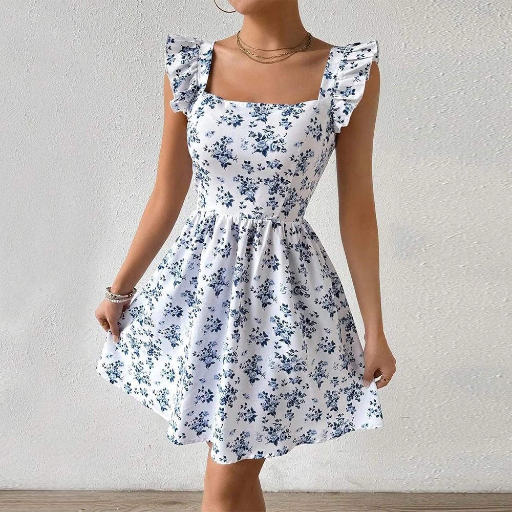 2024 Euramerican Spring Summer Sweet Slim-Fit Design Large Backless Lace-Up Small Flying Sleeve Floral Dresses