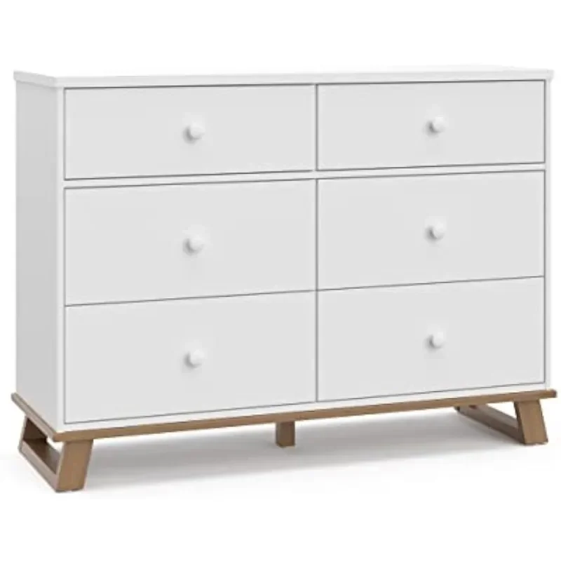 Storkcraft Modern 6 Drawer Double Dresser (White with Vintage Driftwood) – GREENGUARD Gold Certified, Modern Double Dresser