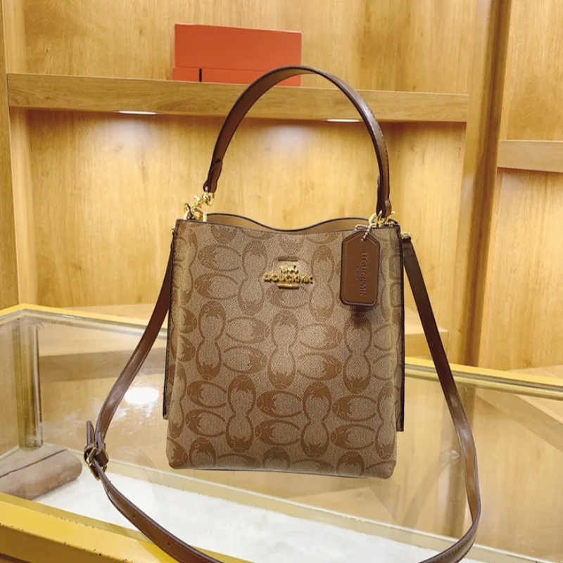 Women Classic C Monogram Bucket Bag, Retro Printed PU Leather Shoulder Handbag, Detachable Crossbody Strap Purse, 3 Colors Avail