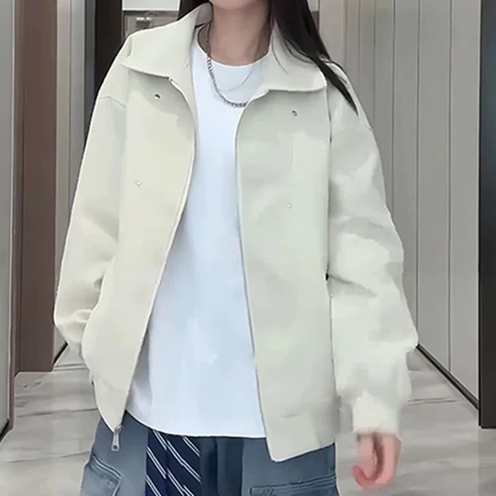 

White high street leather jacket men's autumn design riveted motorcycle jacket high-end couple baseball uniform