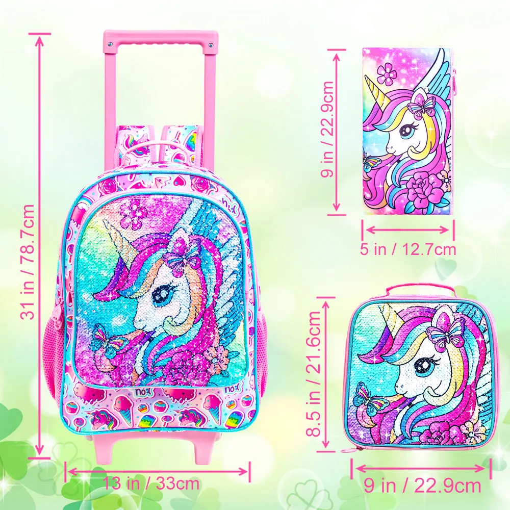 여아용 유니콘 롤링 백팩 3개, 바퀴가 달린 어린이 학교 배낭, 초등학교용 점심 도시락통이 포함된 롤러 책가방