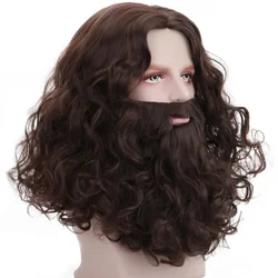 AICKER-Perruque Bouclée Résistante à la Chaleur pour Adulte, Costume de Cosplay, Halloween, Noël, Homme, Accessoire Marron, Ensemble de Barbe de Jésus