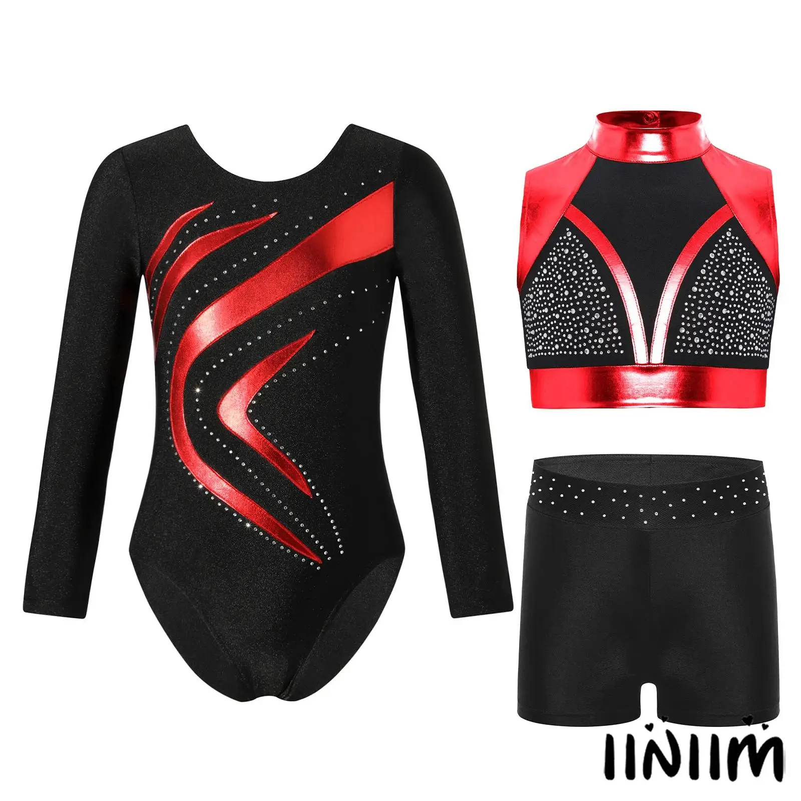 3피스 어린이 소녀 체조 댄스 복장 긴 소매 메탈릭 샤이니 레오타드+샤이니 라인스톤 메탈릭 탱크 크롭 탑+반바지