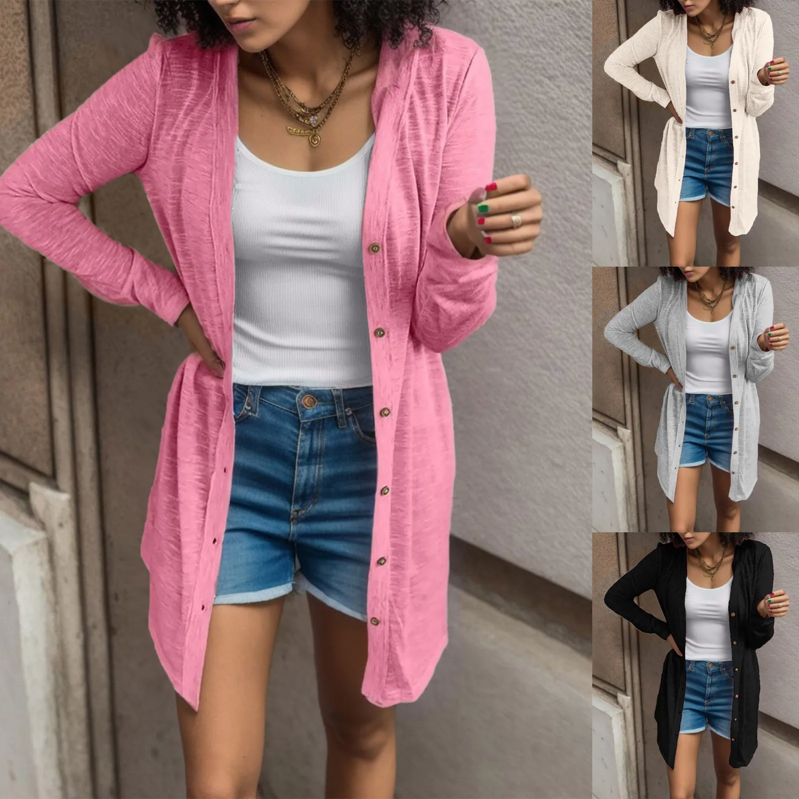 Plus Size Fashion Women Spring and Autumn Casual Tops Solid Color Long Sleeve Open Front Cardigan Coat Ladies Loose Blous