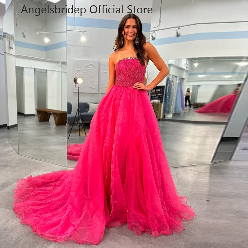 

Angelsbridep Fuchsia Tulle Evening Dress Strapless A-Line Vestidos De Noche Sleeveless Court Train Prom Gowns Formal Party Dress