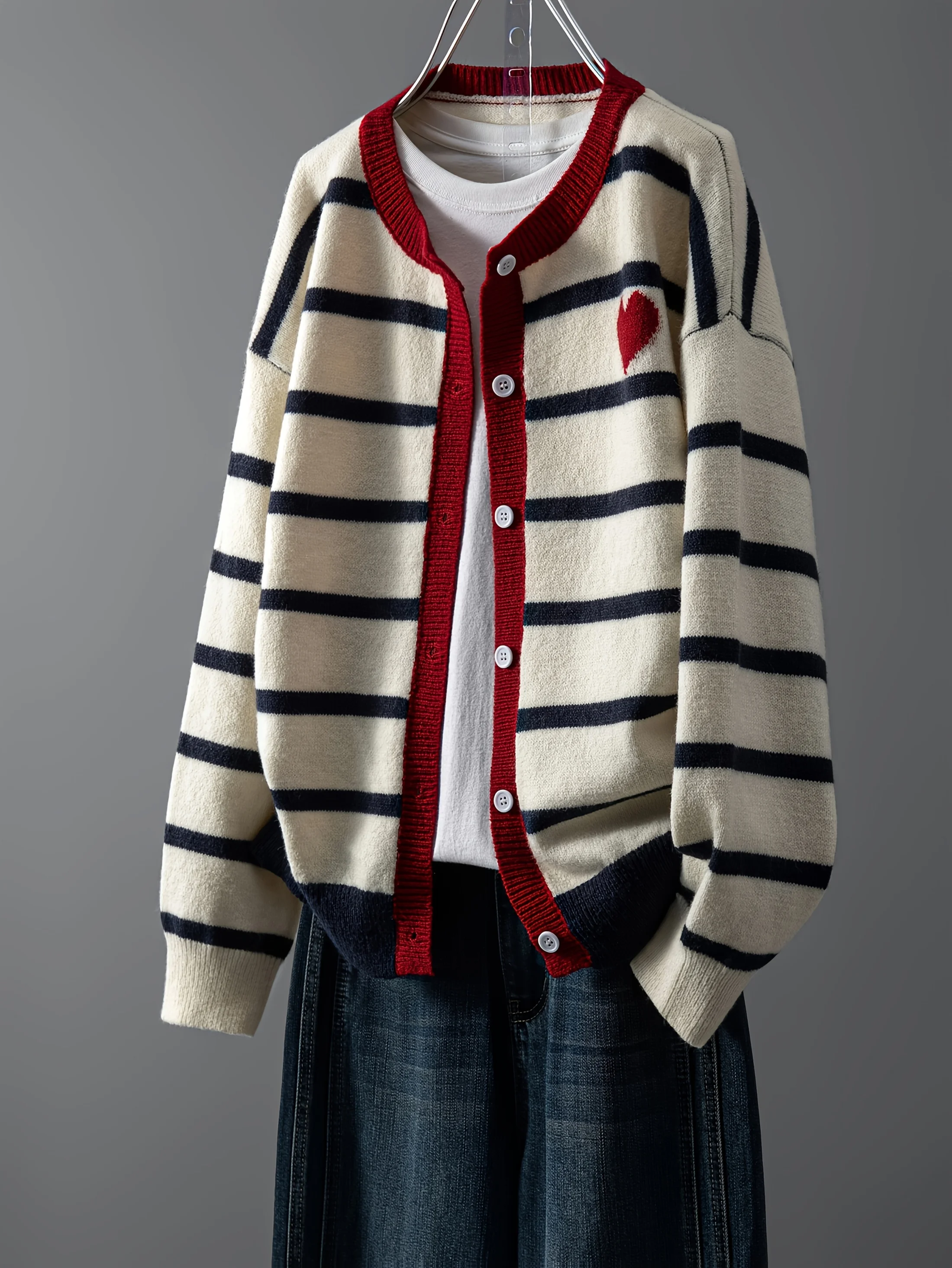 Women's Striped Button Front Cardigan, Cute Heart Pattern Knit Coat, Casual Fashion Outwear