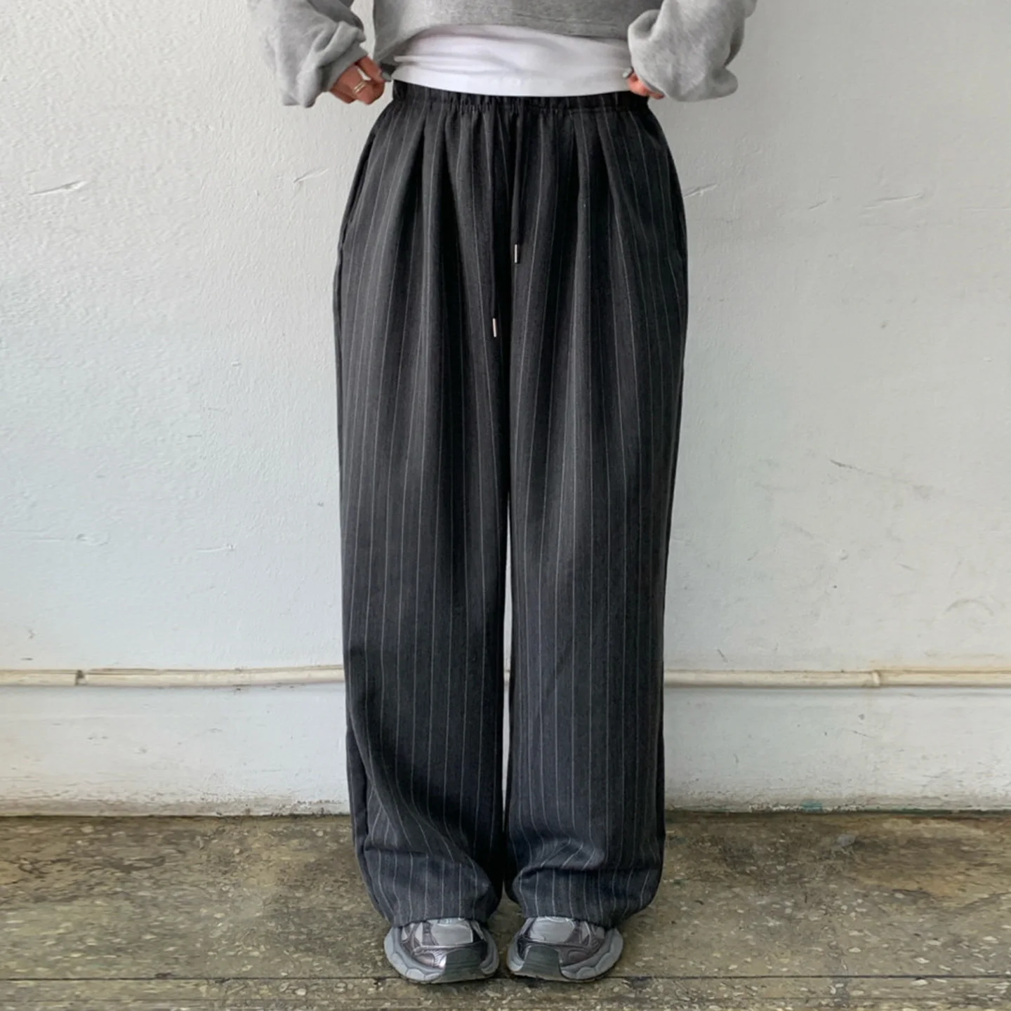 

Casual Loose Women's Striped Suit Pants Elastic Waist Korean Style Summer New Vintage Flared Leggings Ladies Fashion