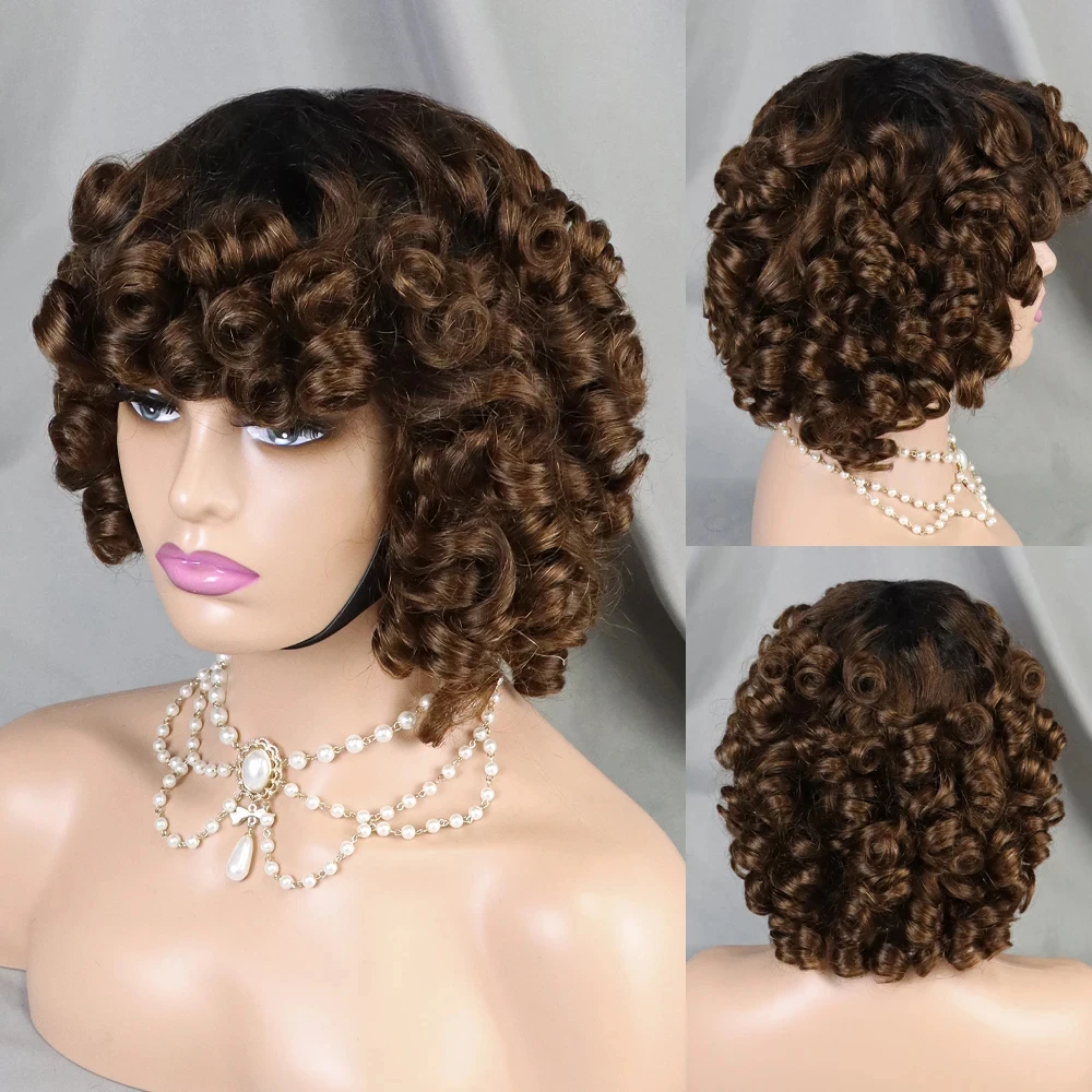 Machine Made Human hair Wigs 200% Human Hair Wig 4/30 Color Wig Bouncy Curly Short Curly Wigs with Bangs Curly Human Hair Wig