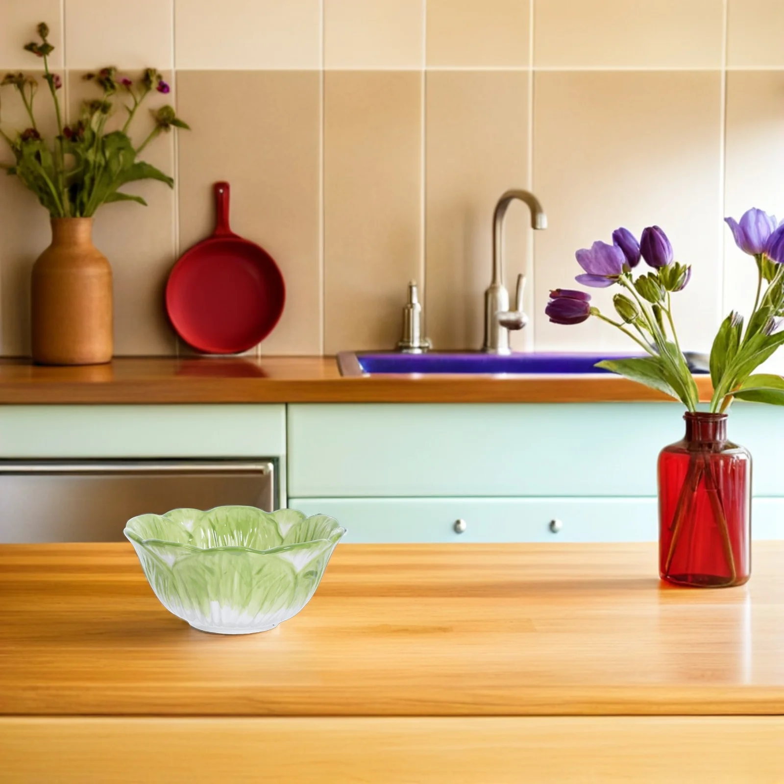 

Kids Ceramic Bowl in Green Chinese Cabbage Design Premium Ceramic Smooth Rim for Family Parties Weddings Snack Container Dessert