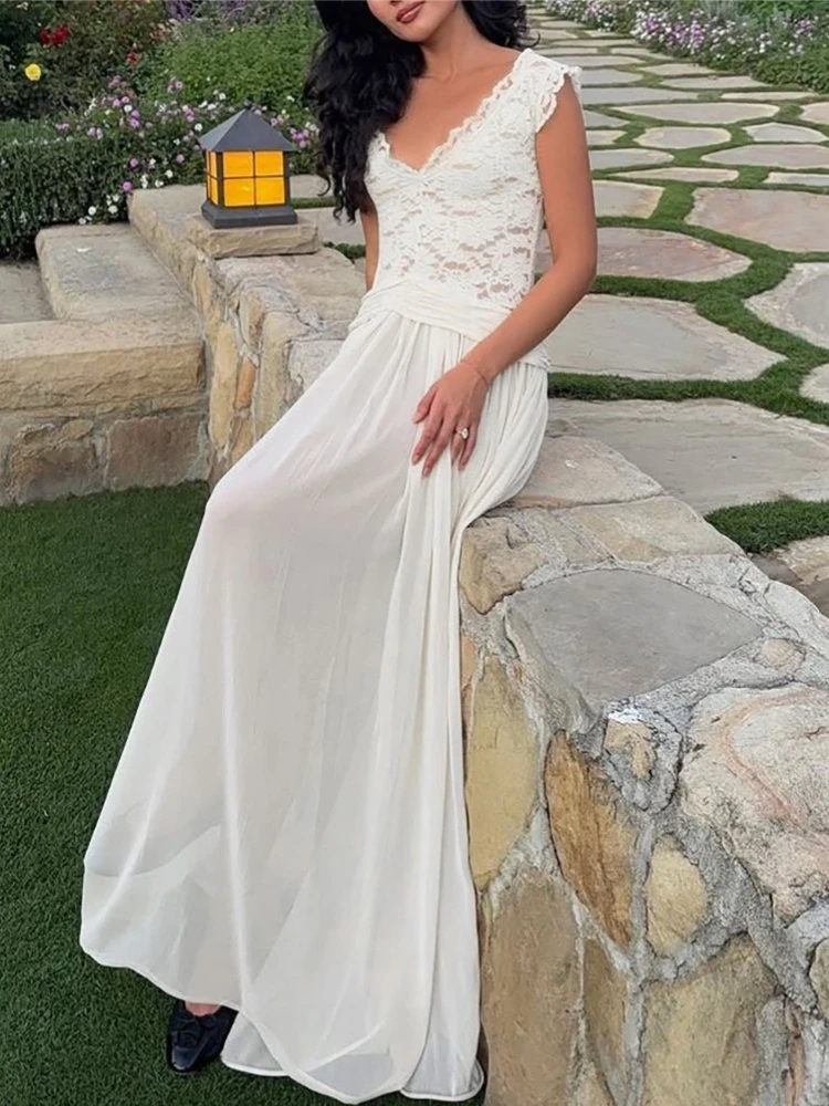 

Tsiisd Sexy Lace V-Neck Long Dress Women See Through Hollow Out Tapered Waist Pleats Evening Party Dress Female Maxi Dress 2026