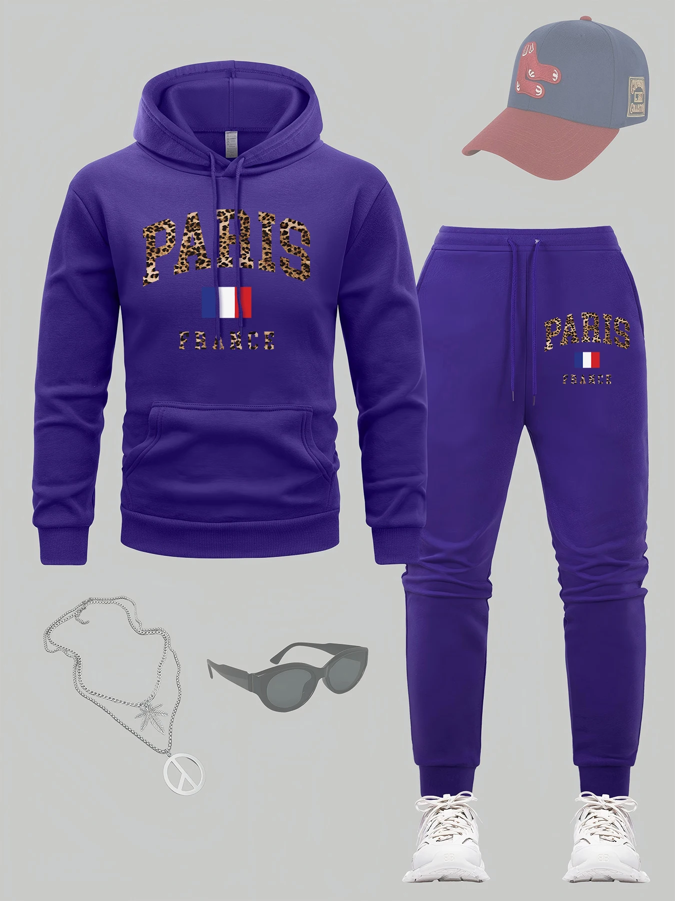 

Paris France Pattern Men Pullover Fleece Hip Hop Hoodie Set Drawstring Loose Long Pants Sets All-Match Autumn Man Sweatpant