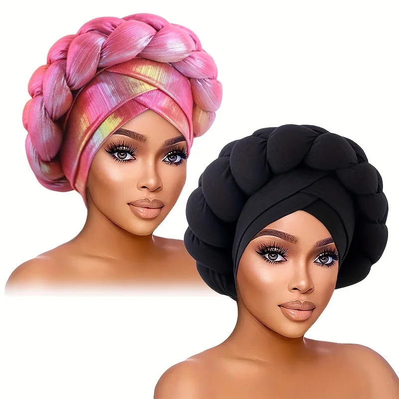 2pcs Set Woman Girls Ethnic Cap Laser Sponge Twist Turban African Hats Double Cross Bride Casucal Shower Caps