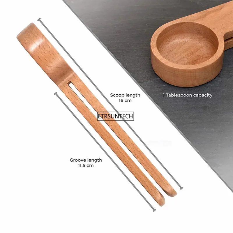 50pcs 16cm 2 in 1 Wooden Coffee Scoop and Bag Clip Solid Beech Wood Measuring Spoon Coffee Bags Sealer Suitable for Ground Beans