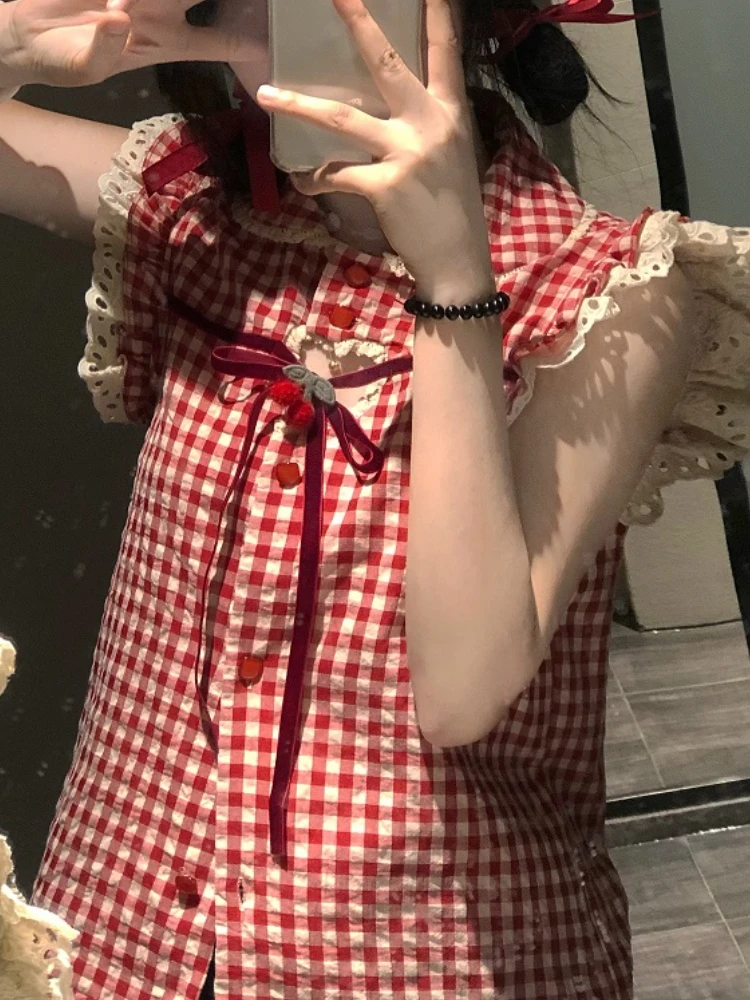 Red Plaid Lolita Kawaii Blouse Women Flying Sleeve Japanese Sweet Elegant Shirts Female Lace Korean Casual Clothes Summer 2023