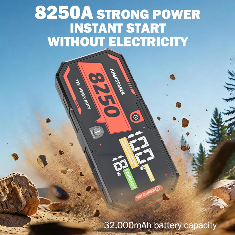 8250A Portable Jump Starter 12V, 26000mAh Car Battery Booster with 65W PD Fast Charging for 13L Engines & Emergency Starting