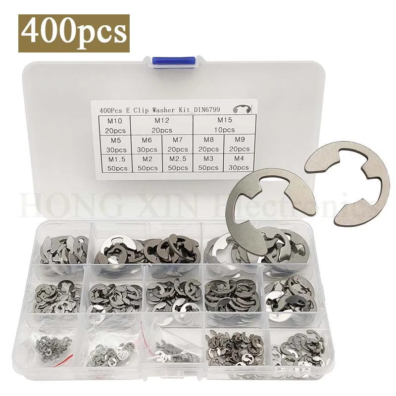 400pcs DIN6799 304 Stainless Steel Circlip Sack Retainer E E-type Buckle-shaped Split Washers M1.5/2/2.5/3/4/5/6/7/8/9/10/12/15