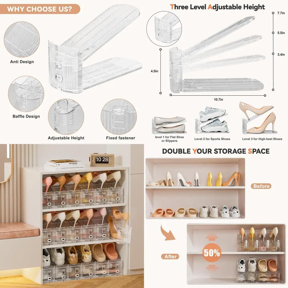

20 Pack Clear Acrylic Shoe Stackers, 3-Level Adjustable Shoe Rack Organizer, Space-Saving Shoe Storage Display