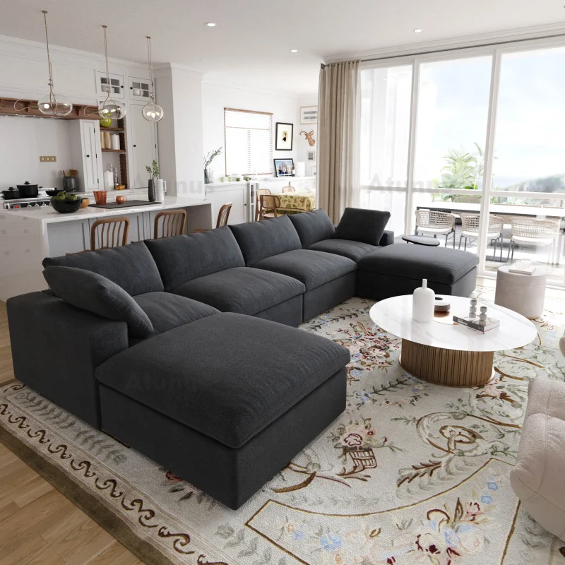custom.ATUNUS Nordic Minimalist Black Sectional Sofa Set 3 Seater Living Rooms Comfortable White Couch With Chaise