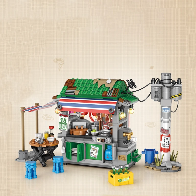 Hong Kong-style food stall building blocks city street scene assembly model ornaments miniature scene hand-made collectible toys