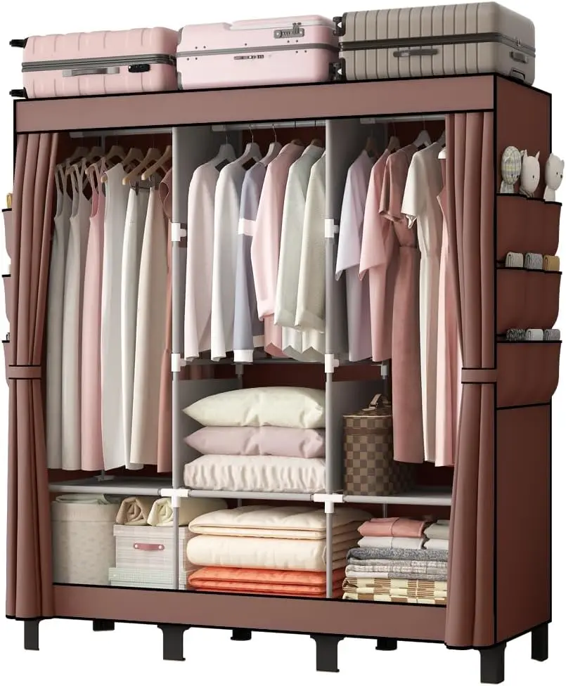 

Portable Closet, 51.18" Large Capacity Clothing Storage Organizer with 3 Hanging Rods 6 Shelves 18 Side Pockets, Dustproof St