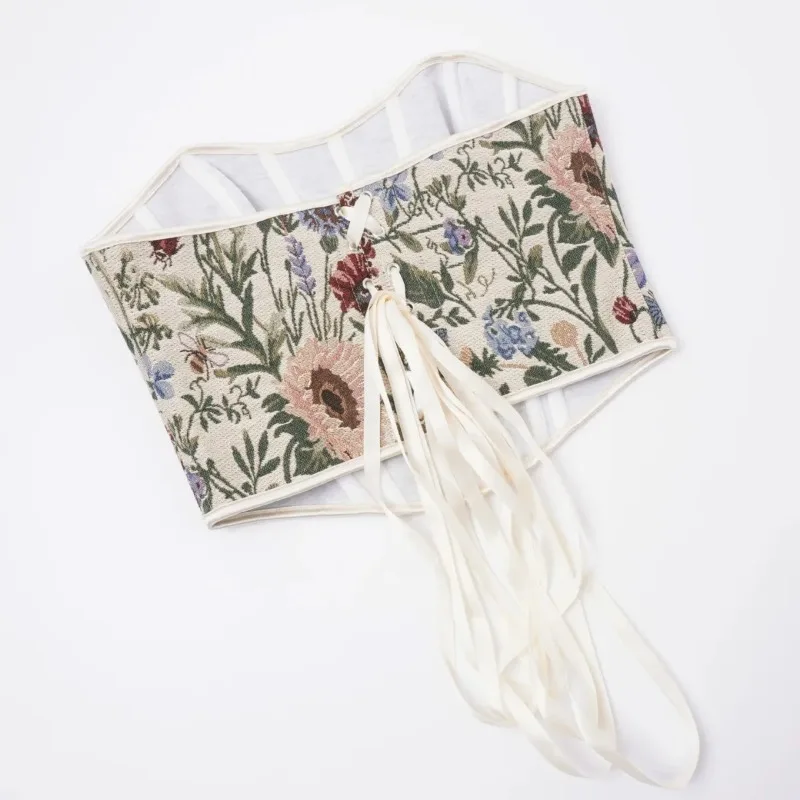 Женский элегантный корсет без бретелек, укороченные топы, винтажные бюстье с абрикосовым цветочным принтом, нижнее белье, корсет на шнуровке