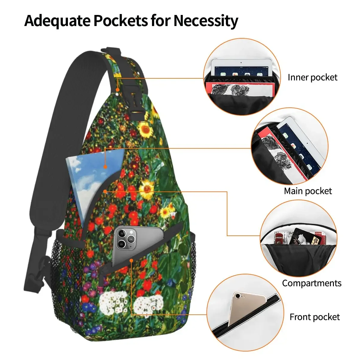 Klimt Farm Sunflowers Small Sling Bag Chest Crossbody Shoulder Sling Backpack Hiking Travel Daypacks art Garden Pattern Pack