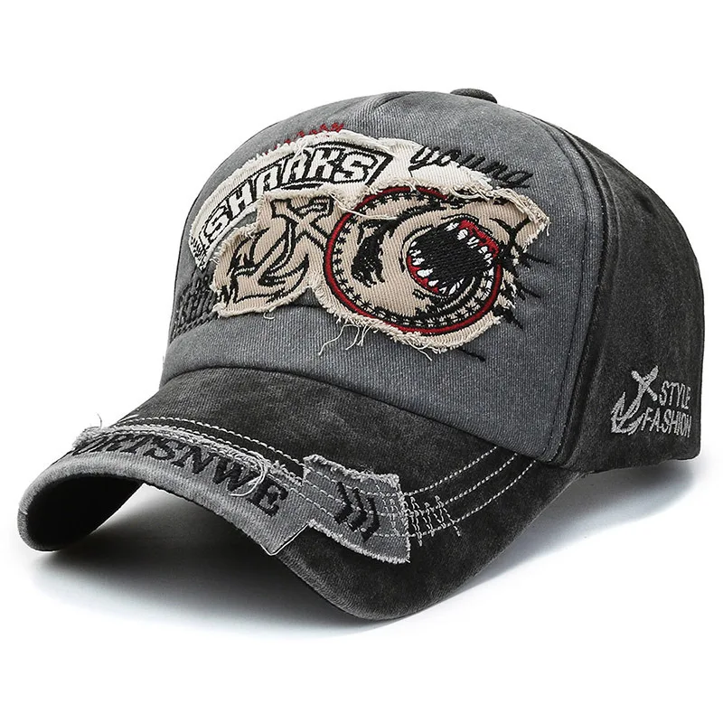 Distressed Washed Shark Denim American Vintage Flat Cap Embroidered Letter Patch Baseball Cap Fashionable Retro Hat