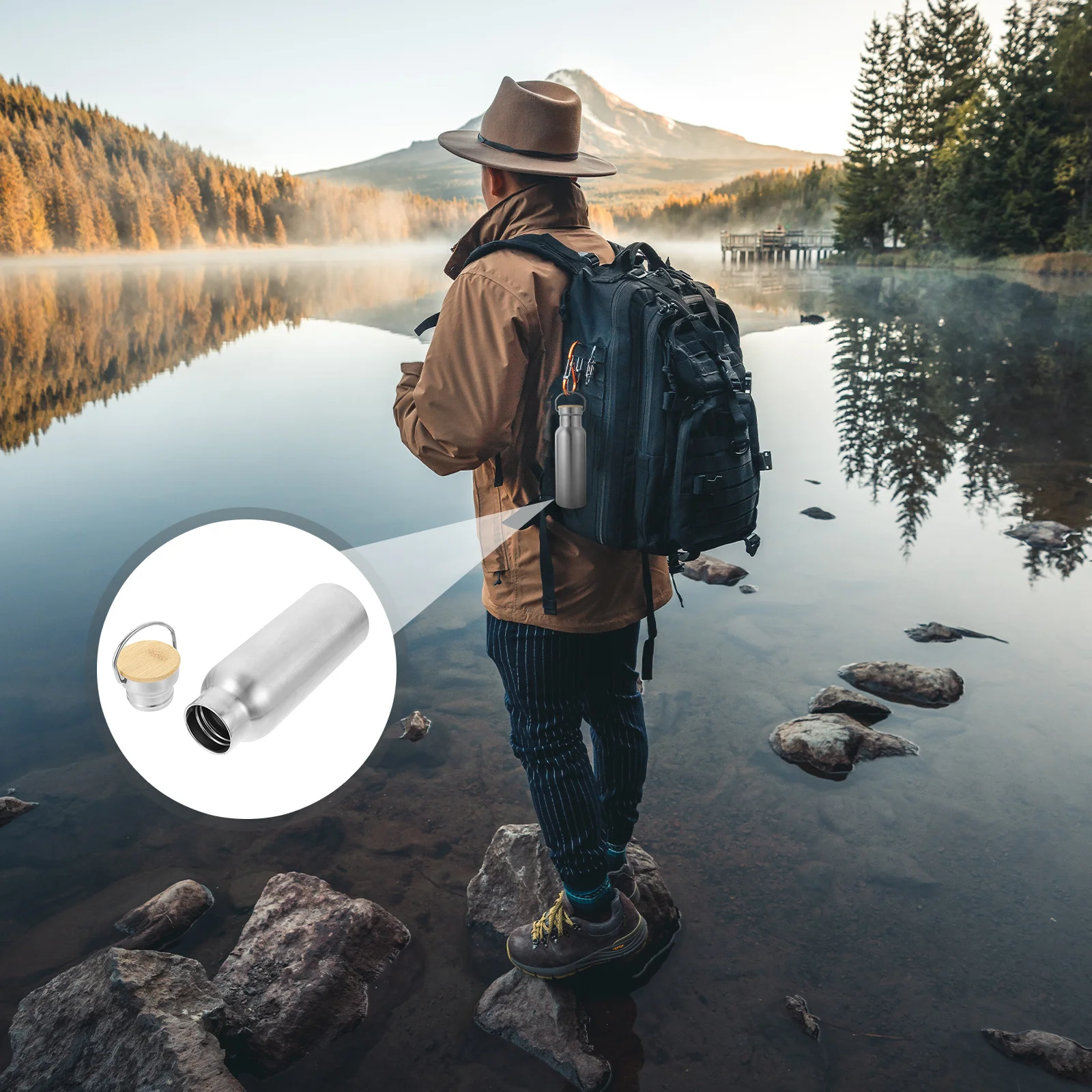 

Бутылка для воды из нержавеющей стали с бамбуковой ручкой, вакуумная изоляция для занятий спортом на открытом воздухе, портативный многофункциональный напиток