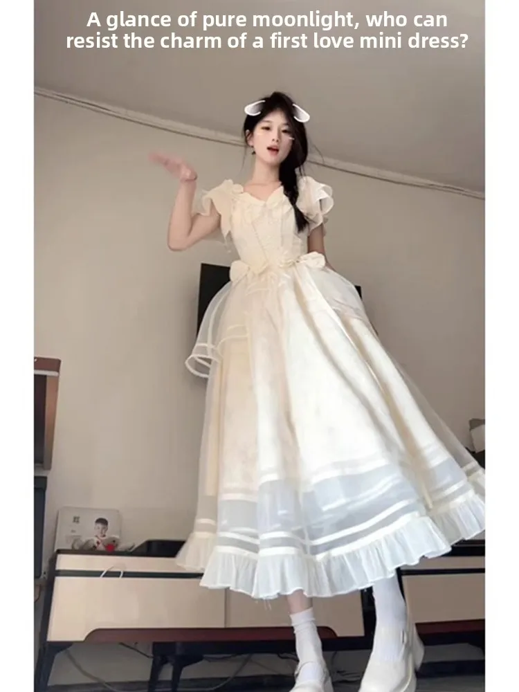 Princ Sle ort Sve Lace Me Dr femmes été 2025 nouvelle jupe gâteau féerique douce jupe trapèze en Fiber de Polyester